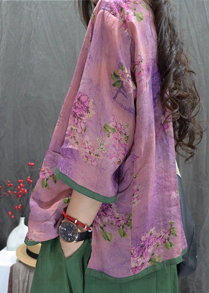 Brown Flowers Print Chinese Button Cotton Shirt Top Summer