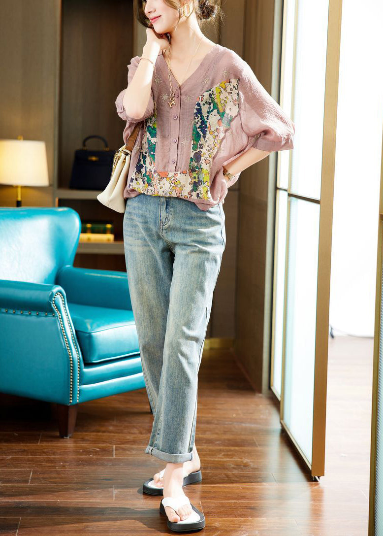 Purple V Neck Patchwork Print Cotton Tops Half Sleeve