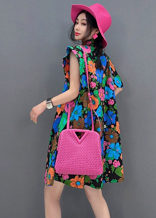Red Peter Pan Collar Print Button Mid Dress Short Sleeve