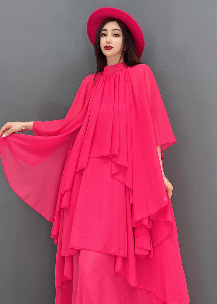 Red Stand Collar Asymmetrical Design Exra Large Hem Chiffon Beach Dress Short Sleeve