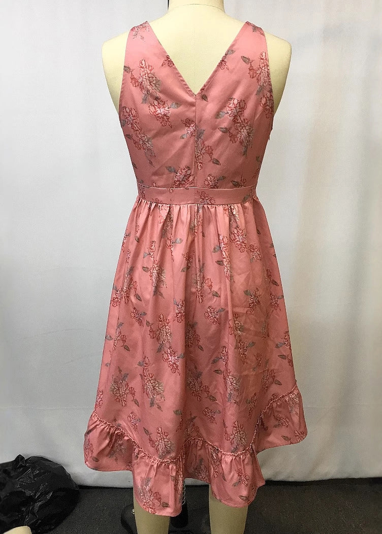 Red V Neck Print Tie Waist Mid Dresses Summer