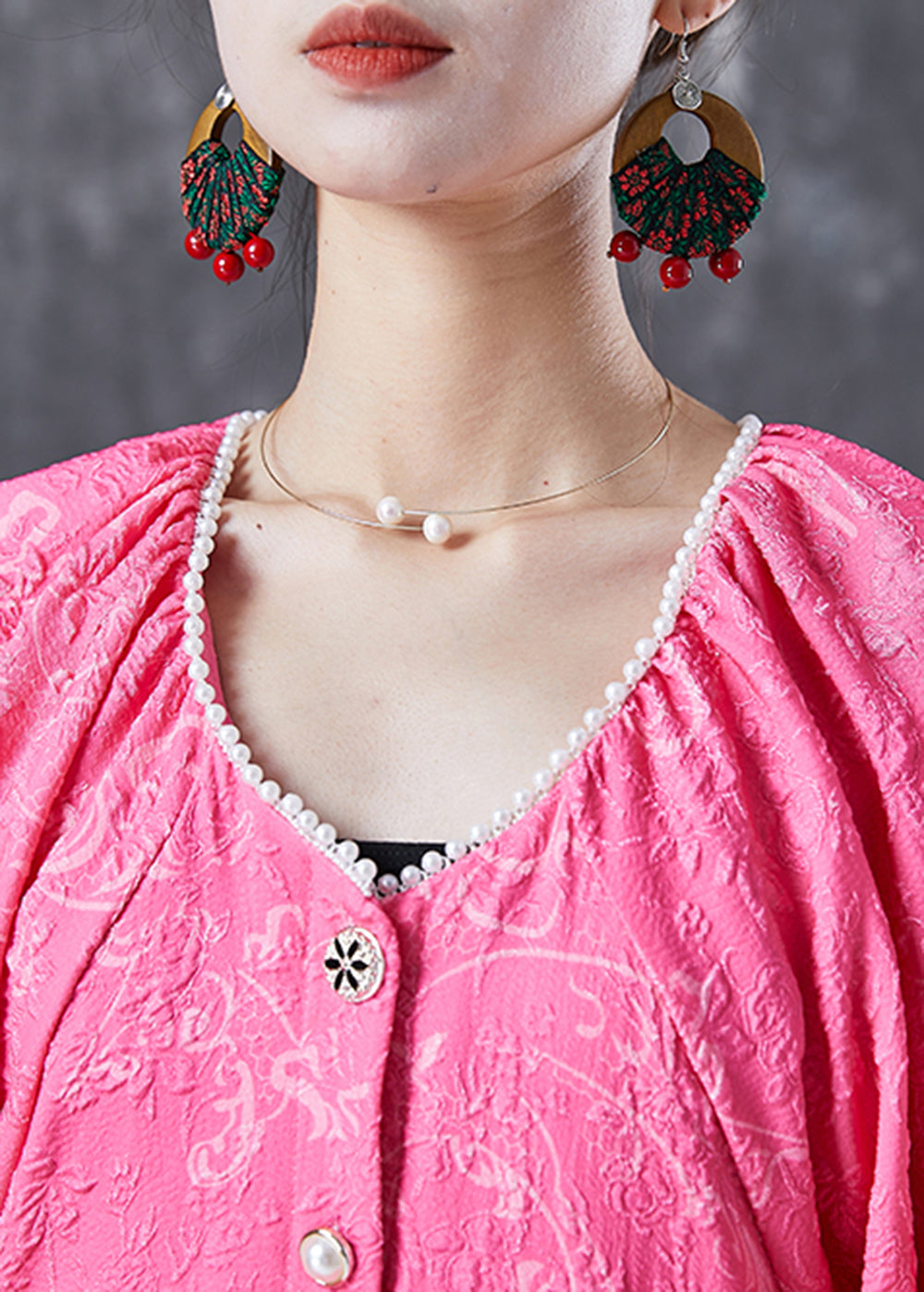 Rose Oversized Jacquard Cotton Maxi Dress Lantern Sleeve