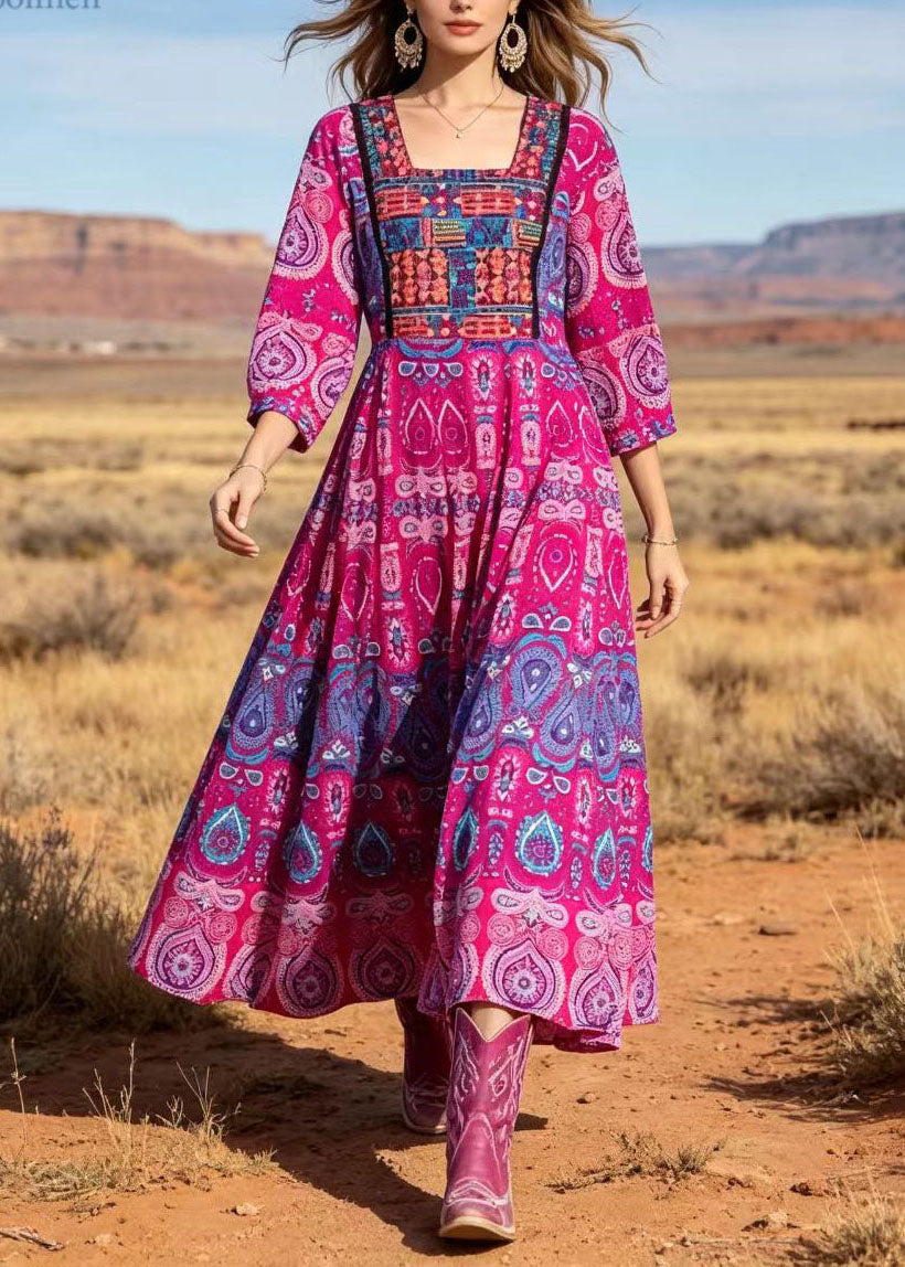 Rose Square Collar Print Cotton Long Dresses Summer