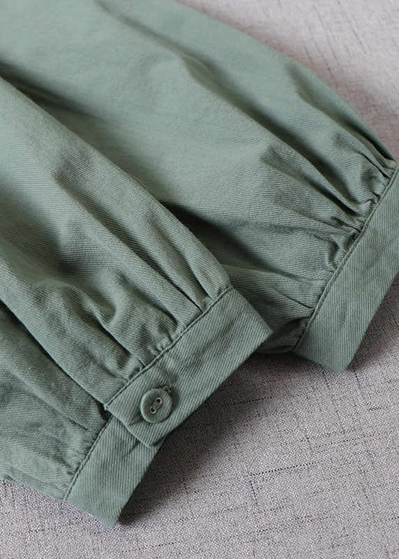 Tea Green Ruffled Button Cotton Dress Long Sleeve