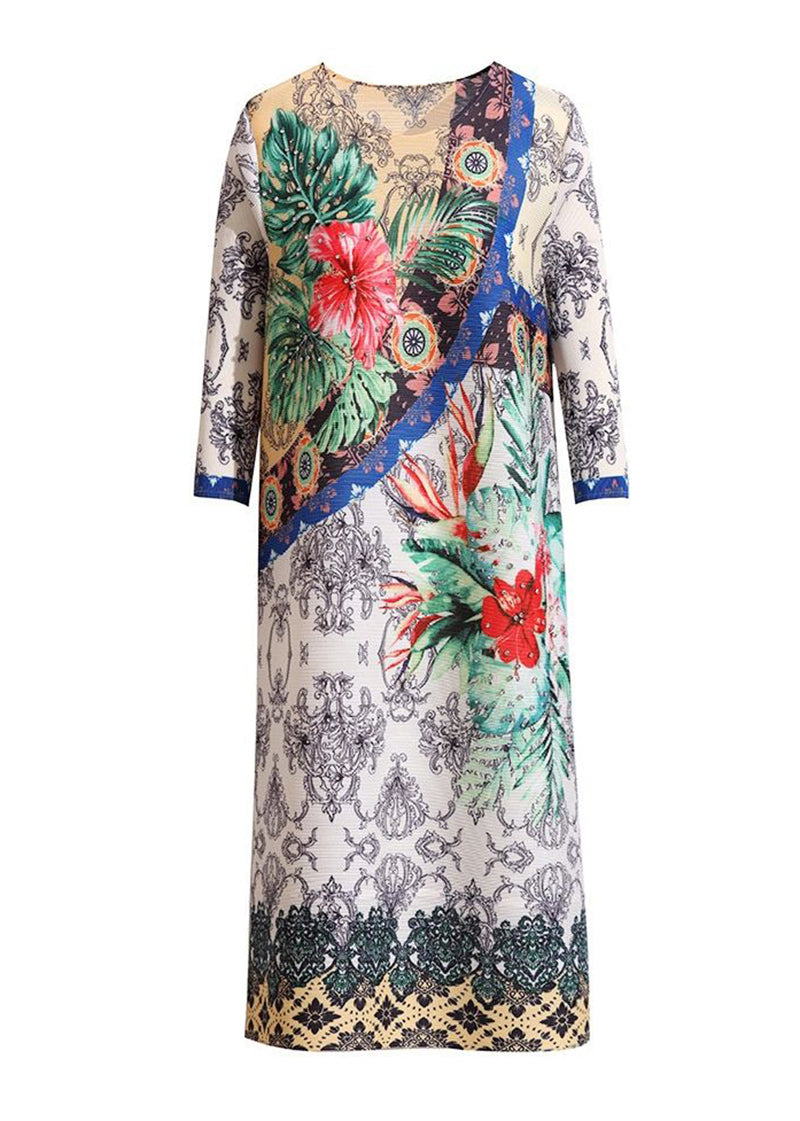 White Print Wrinkled Maxi Dresses Bracelet Sleeve