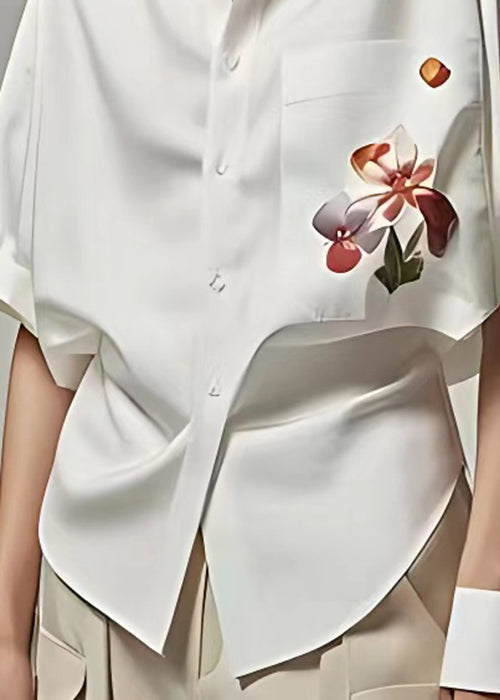 White Peter Pan Collar Button Print Cotton Shirt Summer