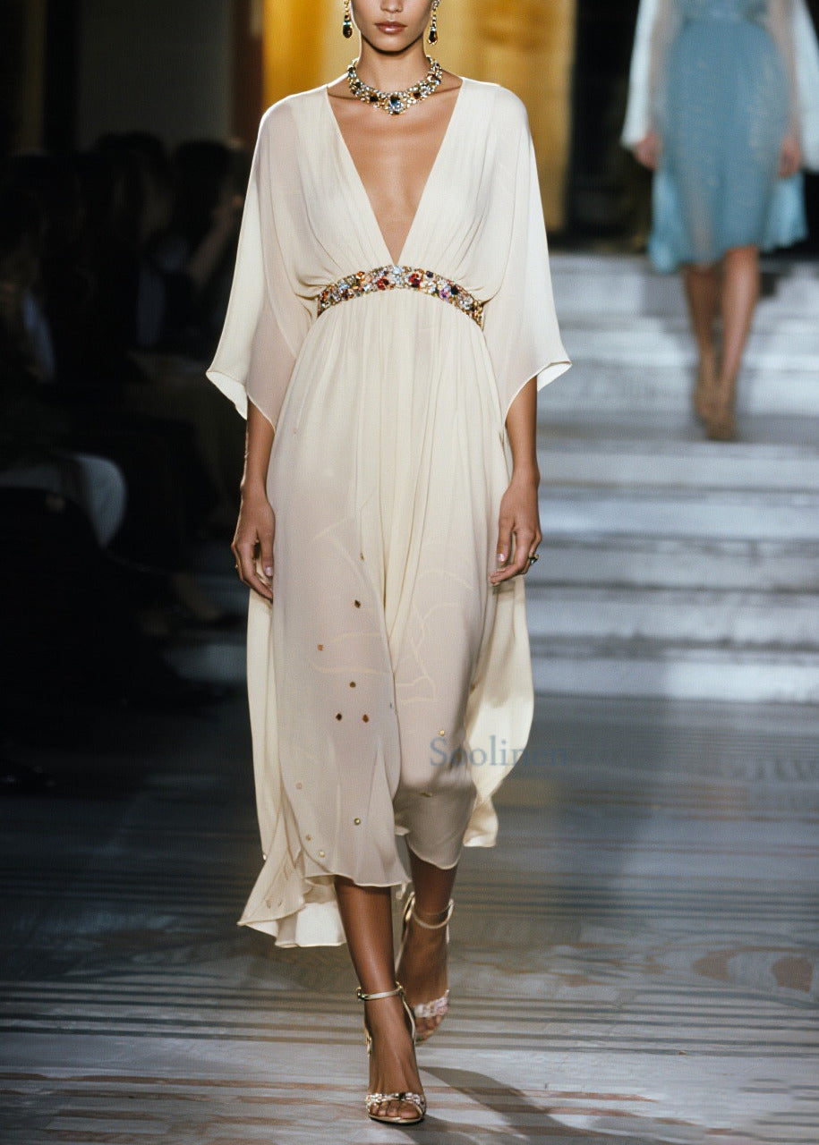 White V Neck Draping Chiffon Vacation Dresses Summer