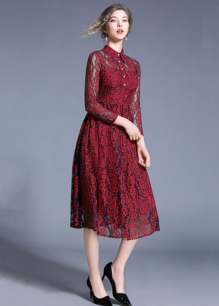 Wine Red Peter Pan Collar Hollow Out Lace Dresses Summer