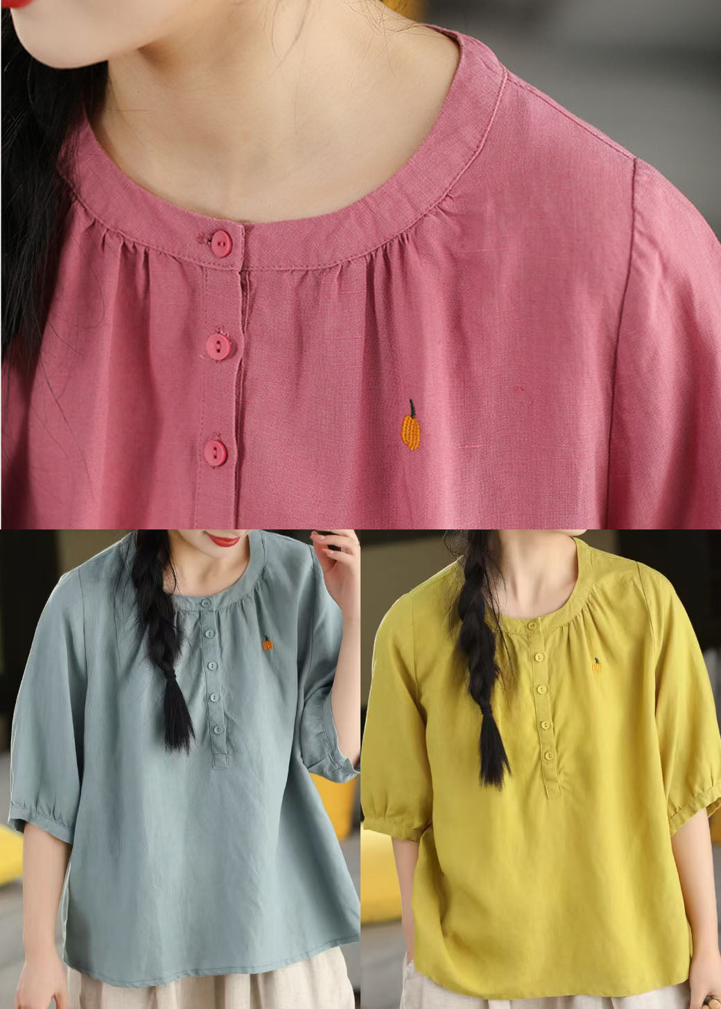 Yellow O-neck Embroidered Cotton Shirt Top Summer