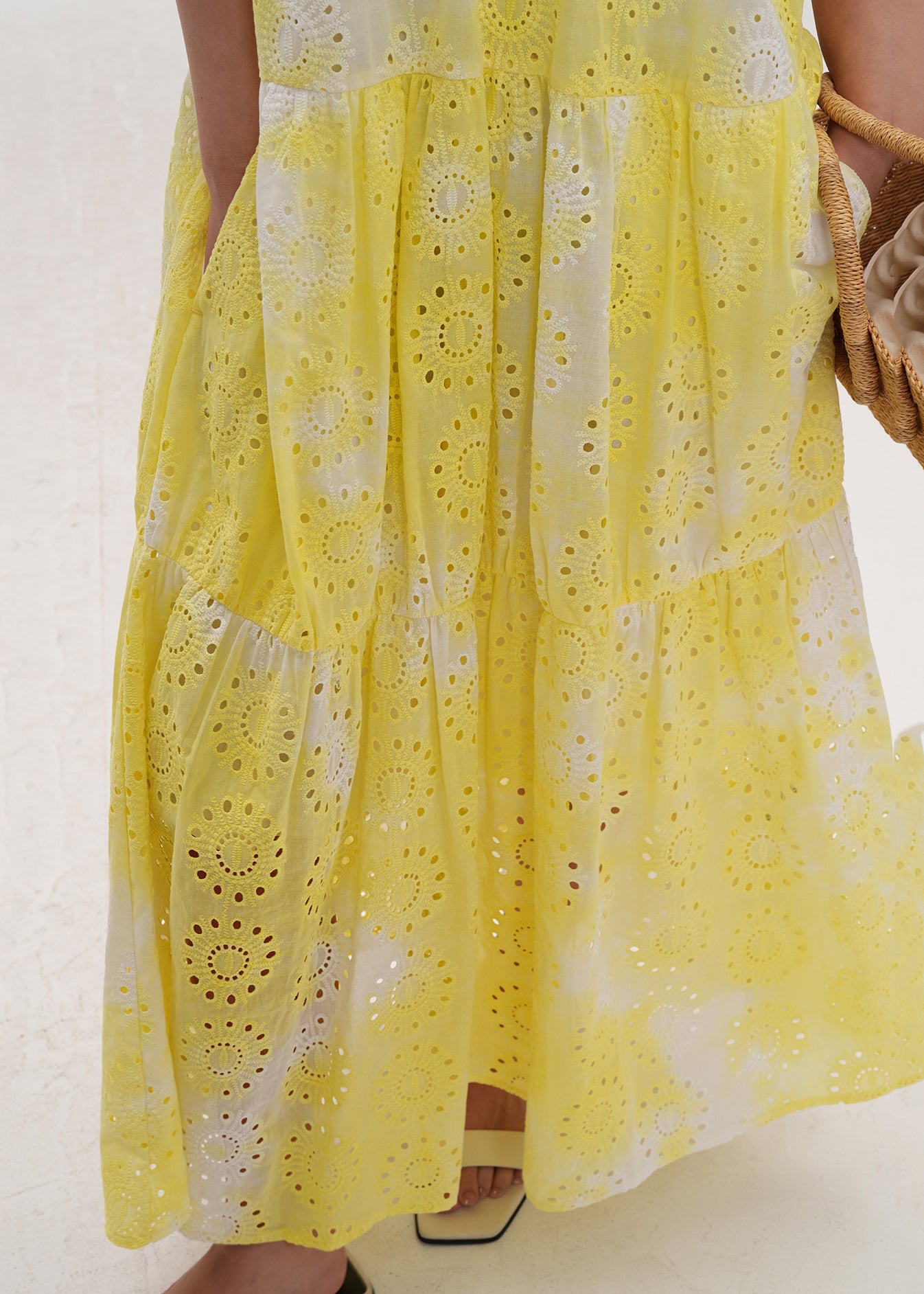 Yellow Tie Dye Hollow Out Cotton Holiday Dress Summer
