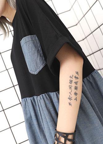 Black High Waist Cotton Tunics Patchwork Robe Summer Dress