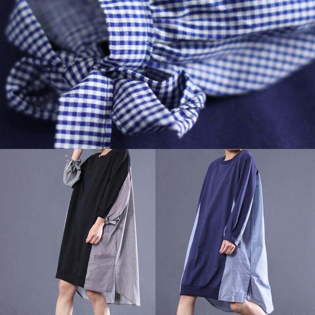 Black Plaid Outfit O Neck Patchwork Tunic Dresses