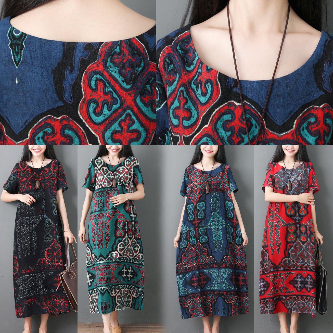 Blue Prints Cotton Robes O Neck Maxi Summer Dresses