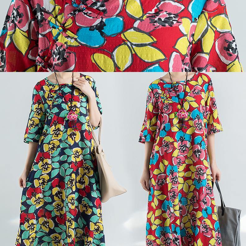 Blue Prints Cotton Linen Dresses Half Sleeve Cotton Robes Sundress Dresses
