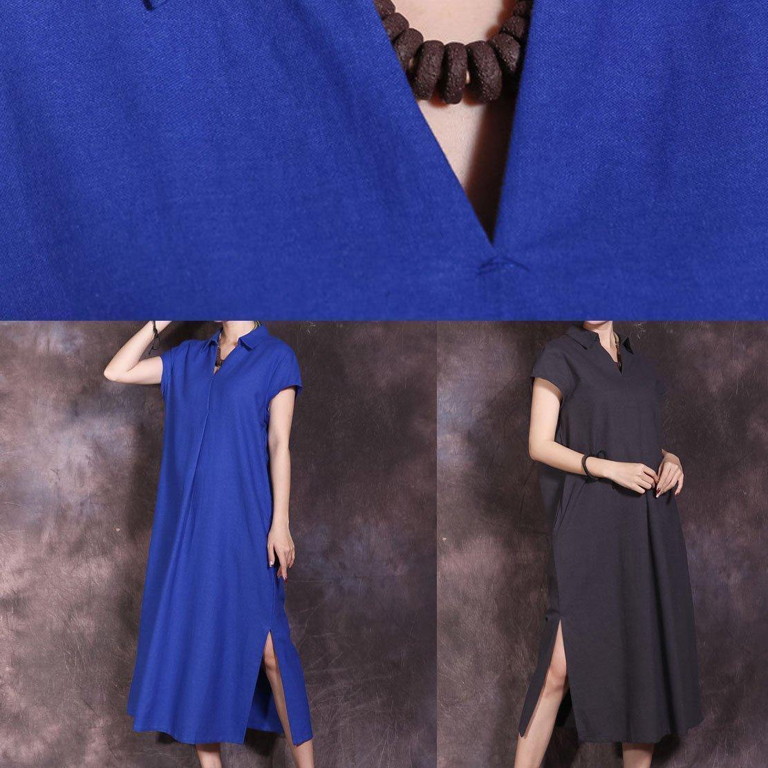 Blue Side Open Cotton Linen Dresses Lapel Collar Summer Dresses