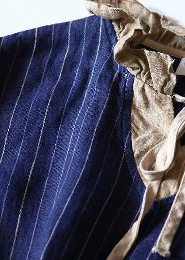 Blue Striped Linen Dresses V Neck Dresses Patchwork Dresses