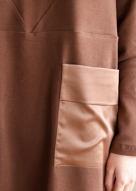 Brown Cotton Clothes High Neck Patchwork Dress