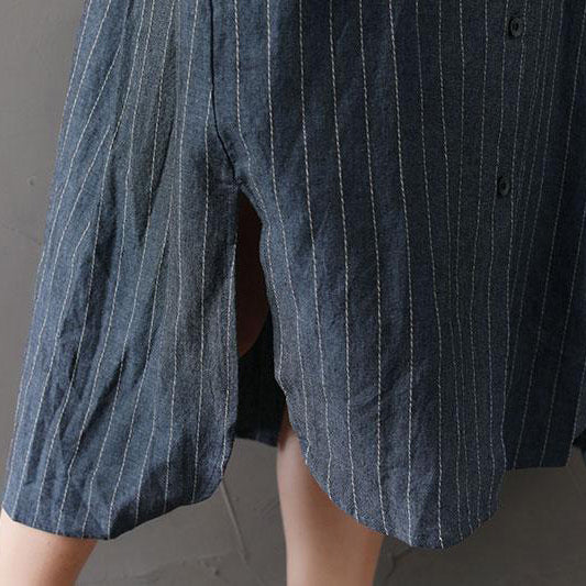 Cotton Linen Outfit Loose Irregular Hem Stripe Shirt Dress