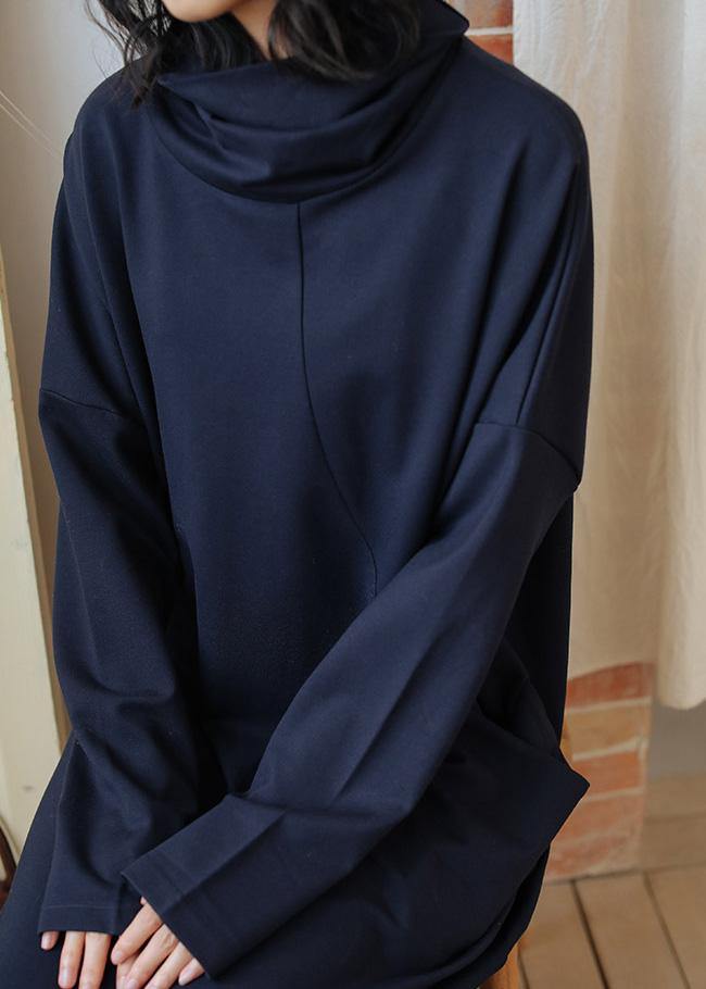 Dark Blue Cotton Tunics High Neck Patchwork Fall Dress