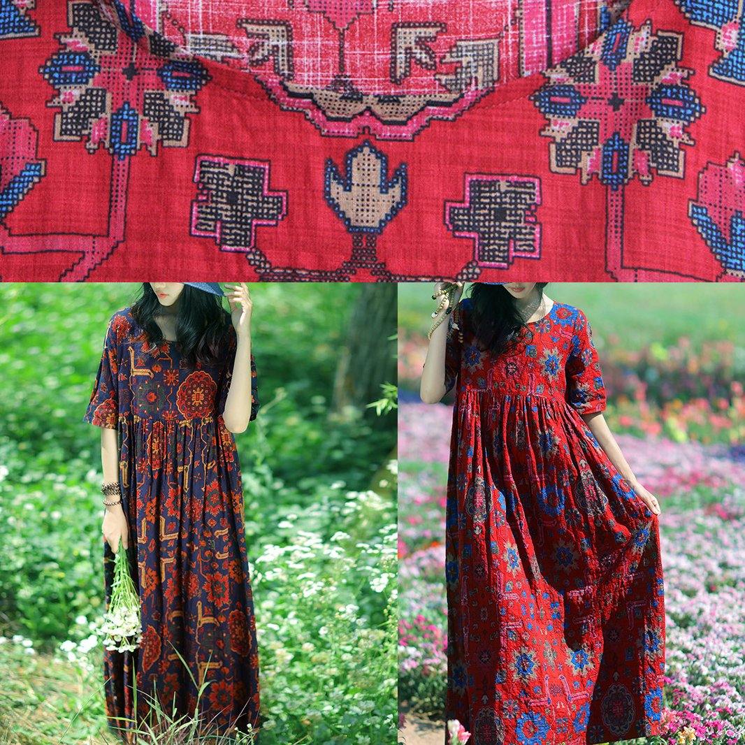 Dark Blue Print Linen Soft Surroundings O Neck Cinched Summer Dress