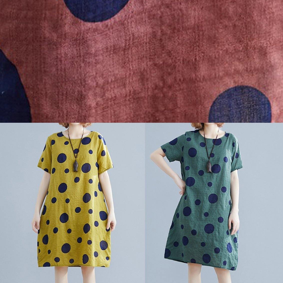 Green Dotted Cotton Tunic O Neck Pockets Loose Dress