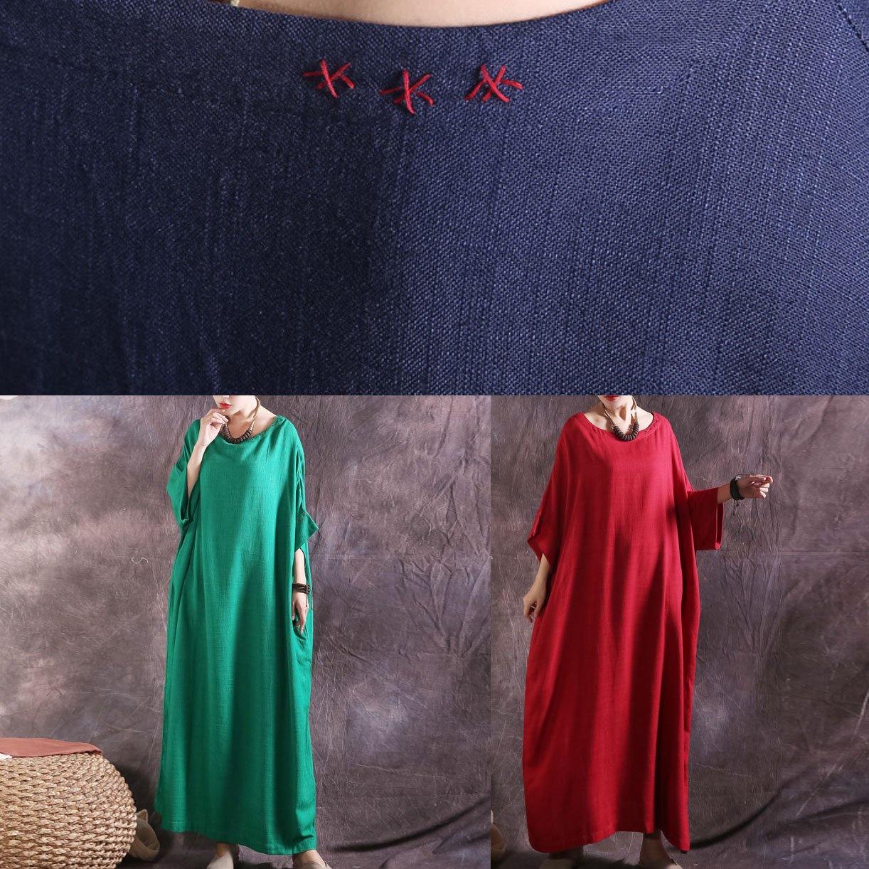 Green Linen Cotton Dress Loose Waist Summer Dresses