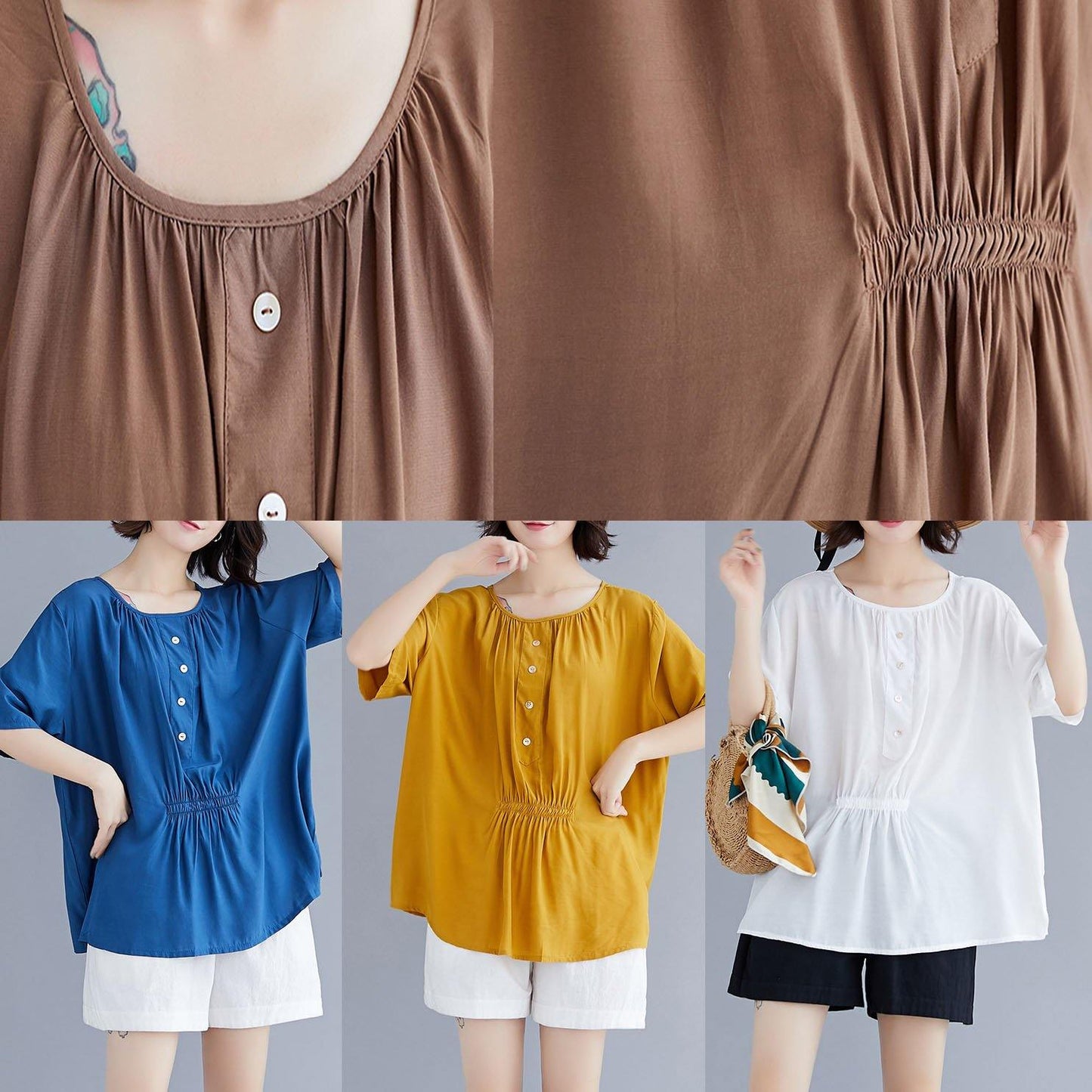 Khaki Cotton Clothes O Neck Half Sleeve Box Summer Top