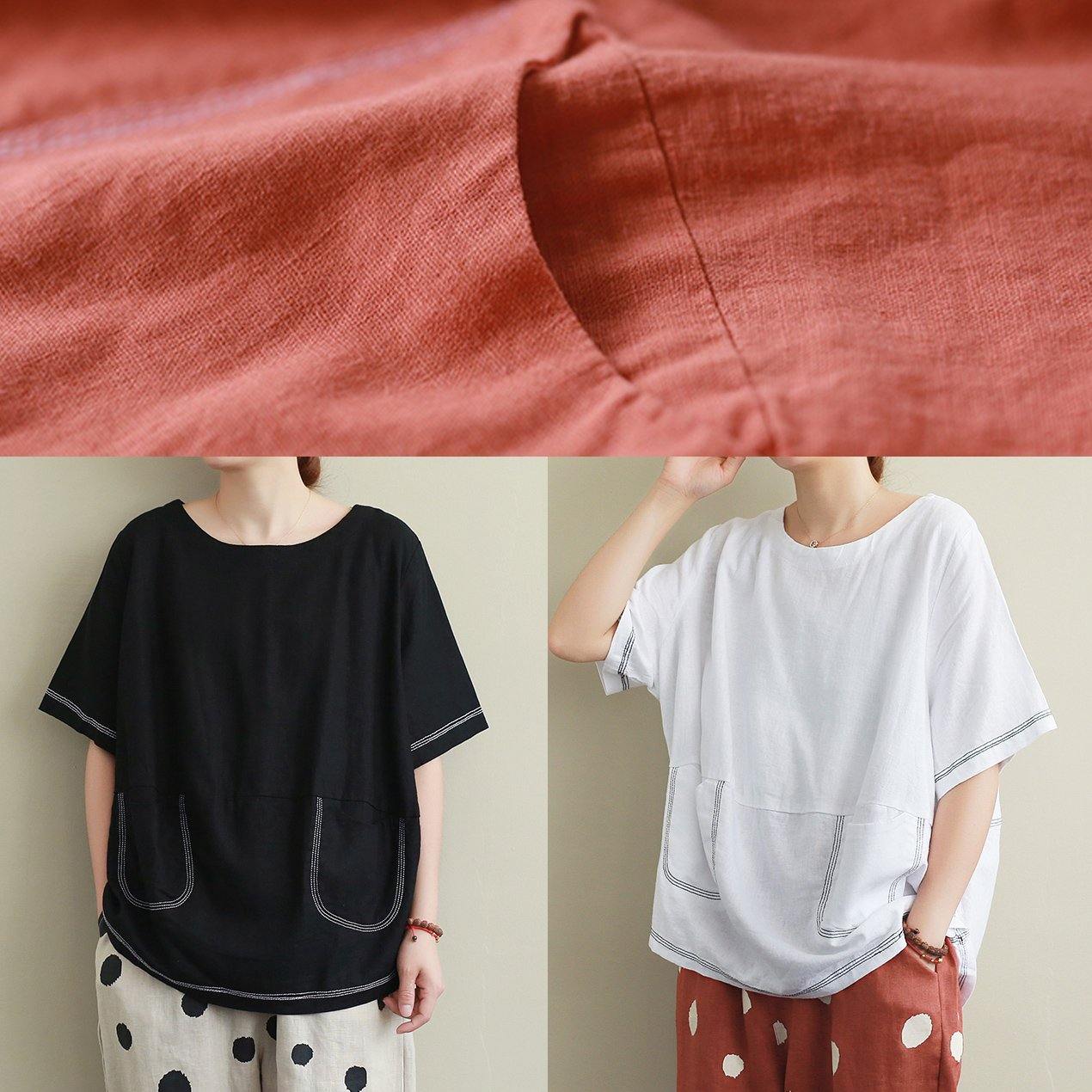 O Neck Open Wire Decoration Linen Summer Clothes Black Short Shirt