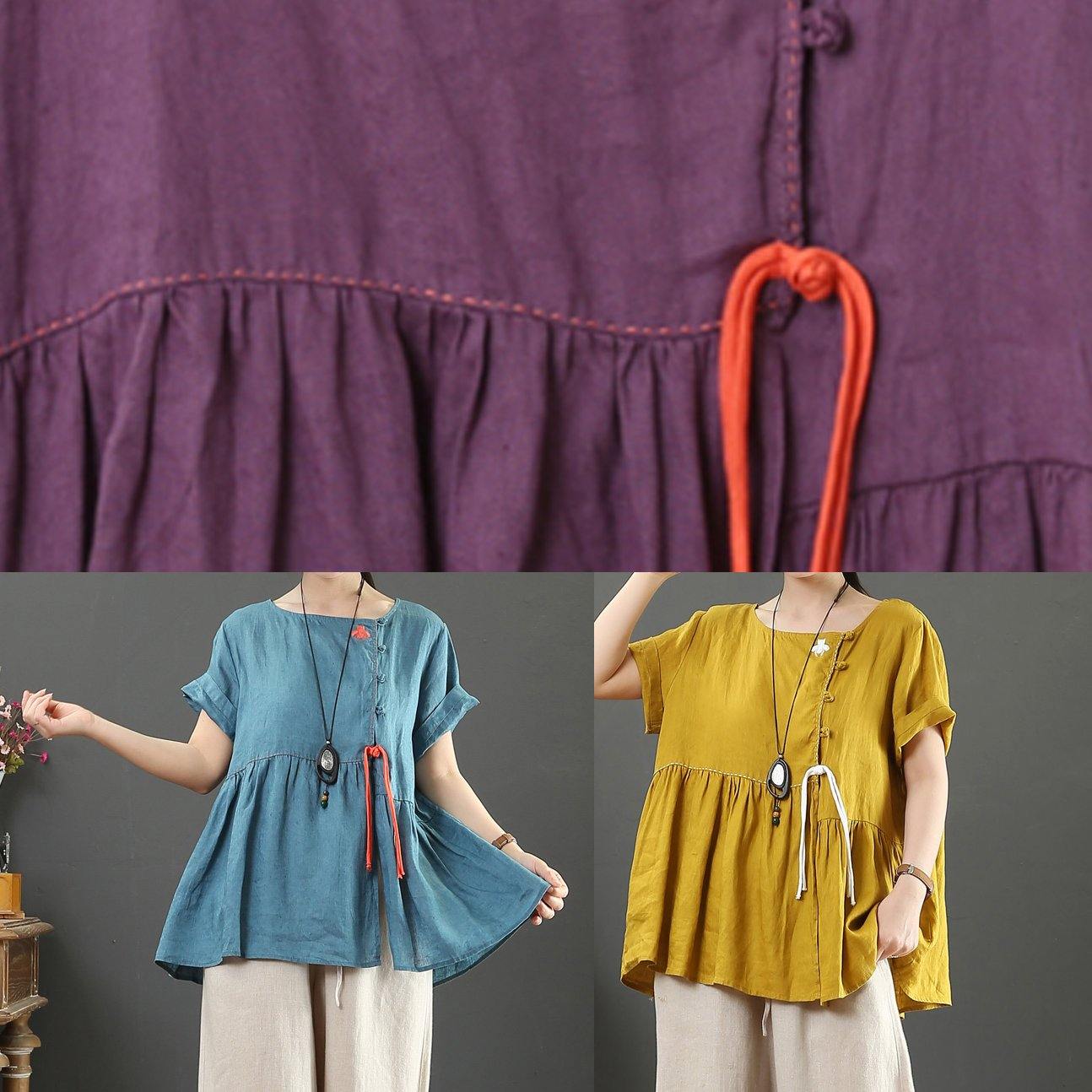 O Neck Cinched Linen Clothes Design Yellow Shirts