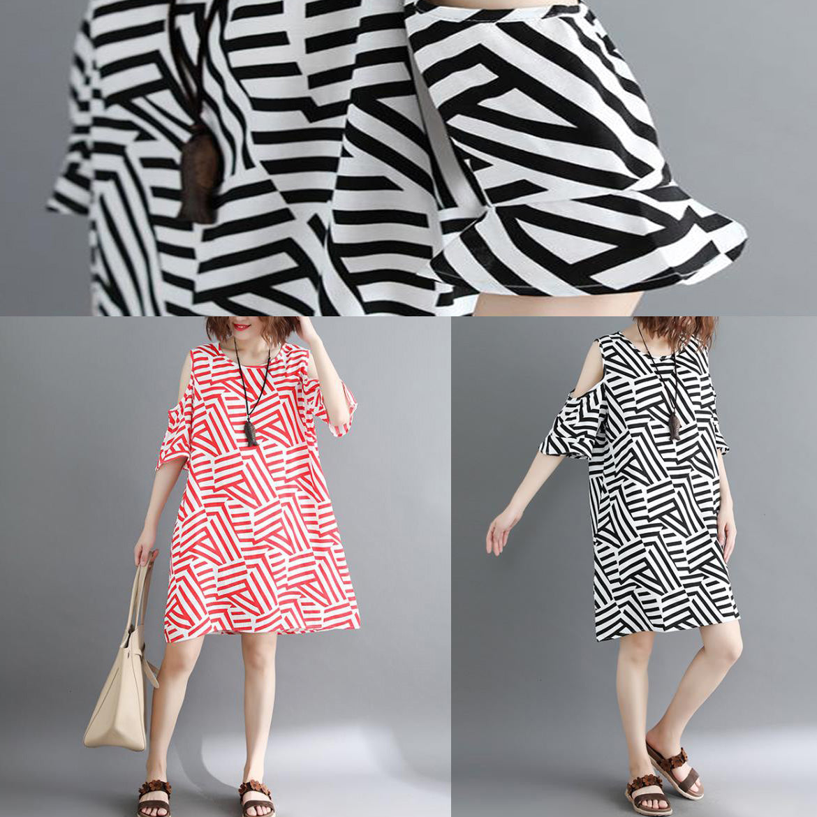 Off the Shoulder Cotton Quilting Dresses Fun Work Black Striped Dresses Summer