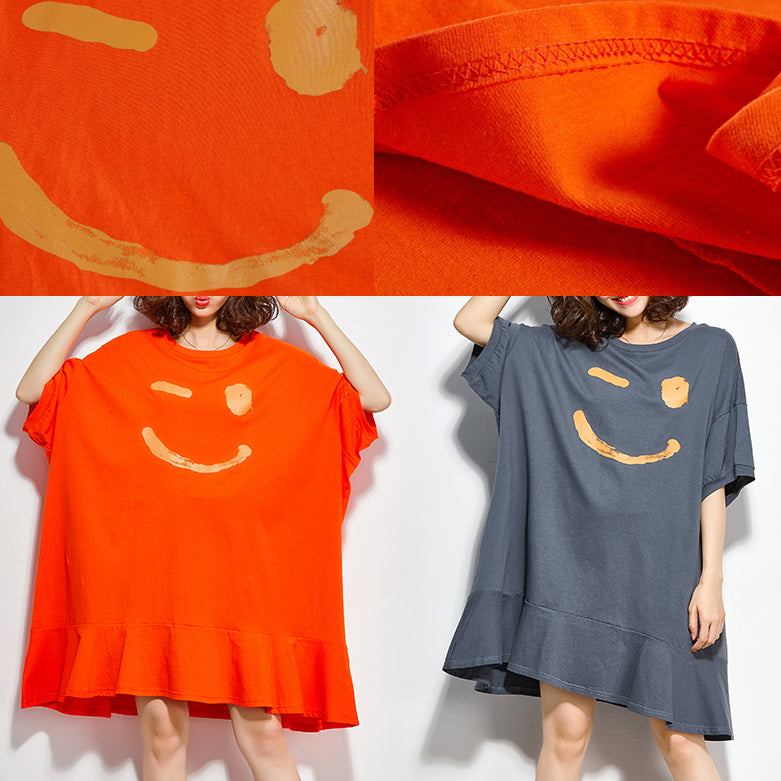 Orange Cotton Dresses Fitted Sewing O Neck Half Sleeve Knee Summer Dress
