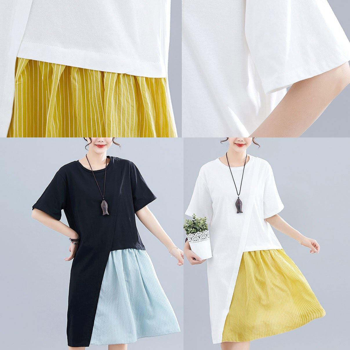 Patchwork O Neck Linen Dresses Sewing White Dresses Summer