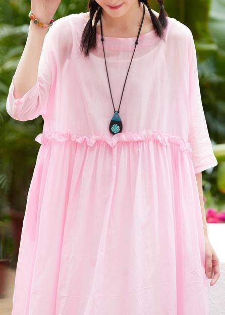 Pink Cotton Linen Robes O Neck Patchwork a Line Summer Dresses