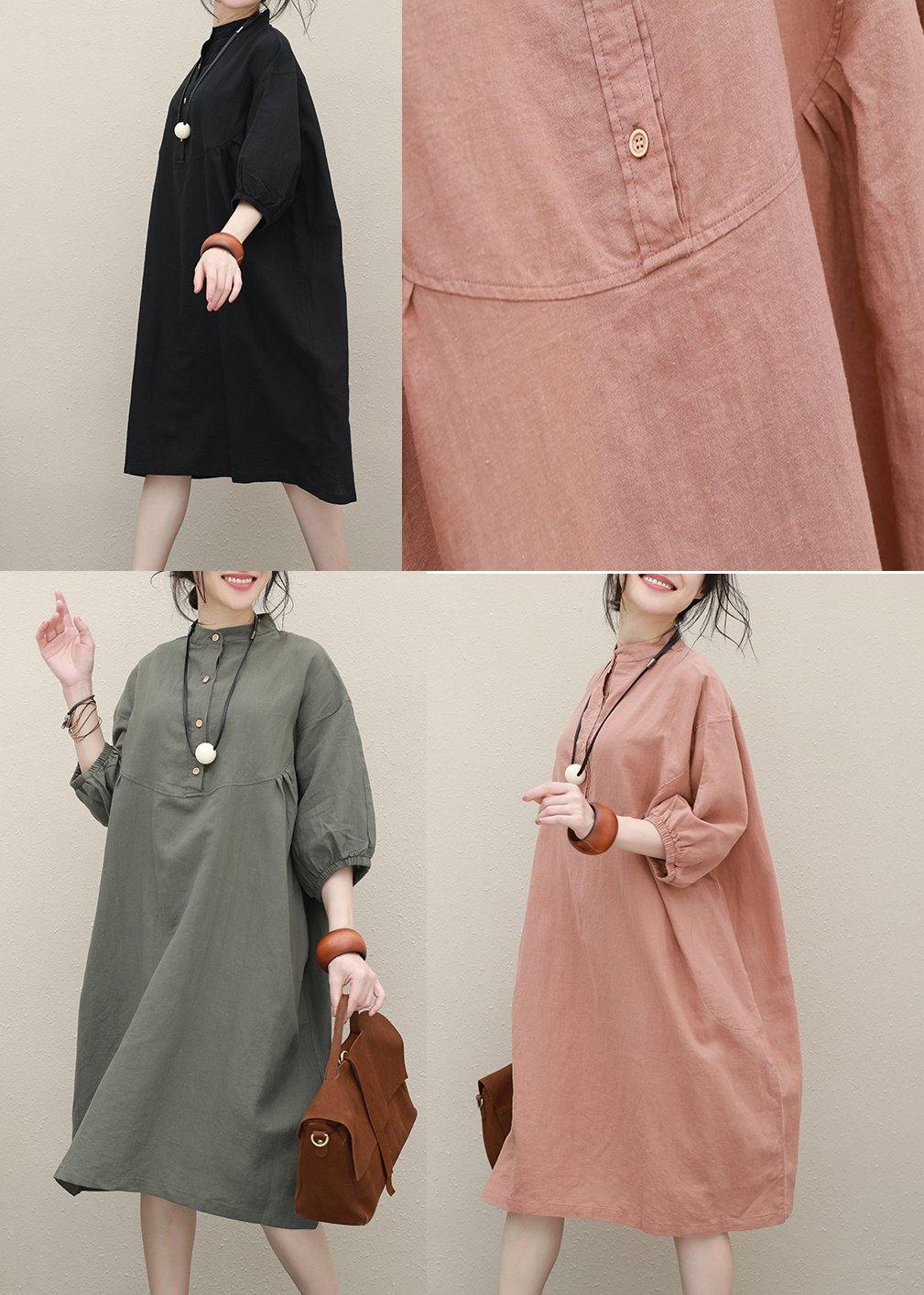 Pink Linen Robes Stand Collar Batwing Sleeve Loose Summer Dresses