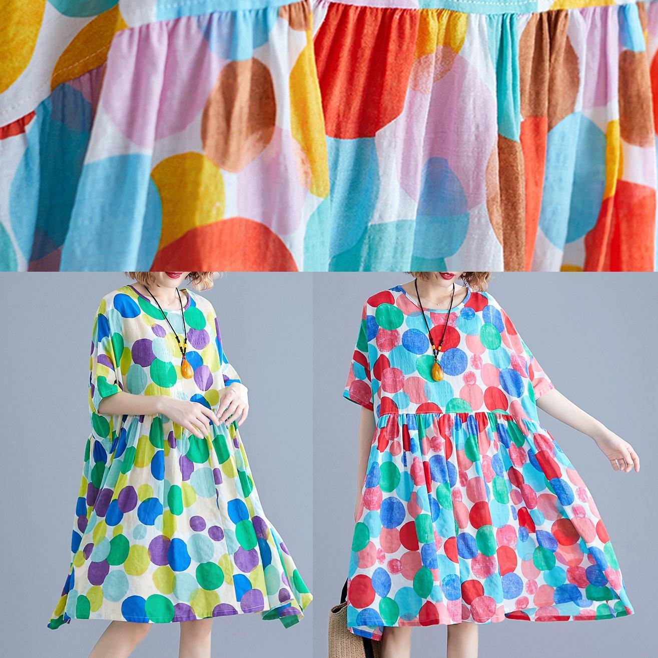 Red Dotted Cotton Quilting Clothes O Neck Cinched Knee Summer Dress