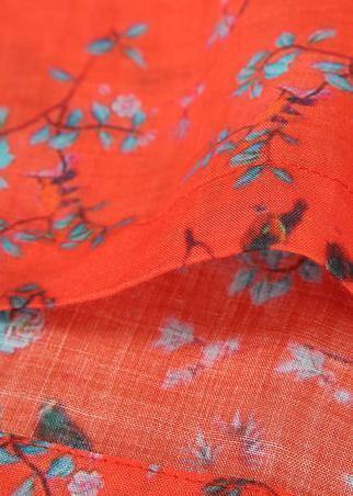 Red Print Cotton Quilting Clothes V Neck Tie Waist Kaftan Dress