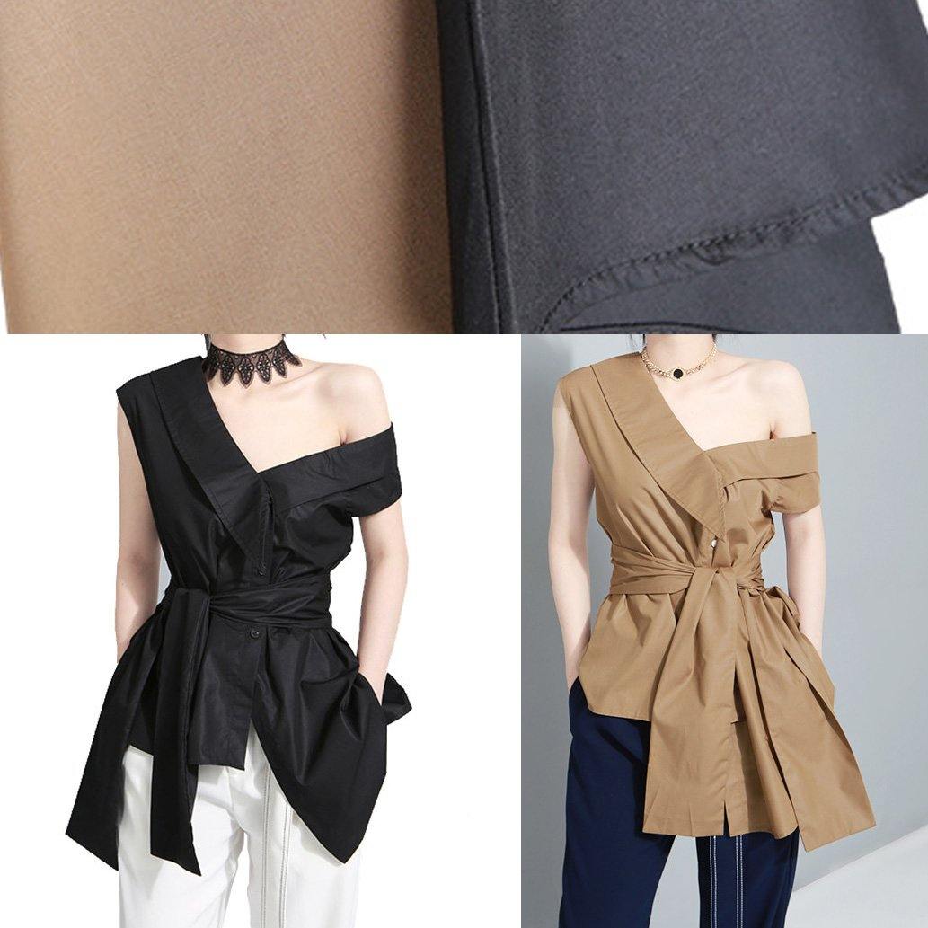 Tie Waist Cotton Crane Tops Sleeve Black Blouses Summer