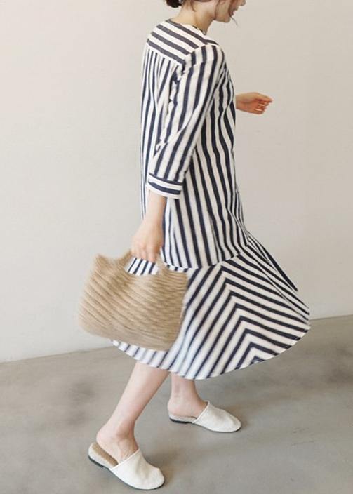 V Neck Ruffles Cotton Clothes Neckline Striped Dresses