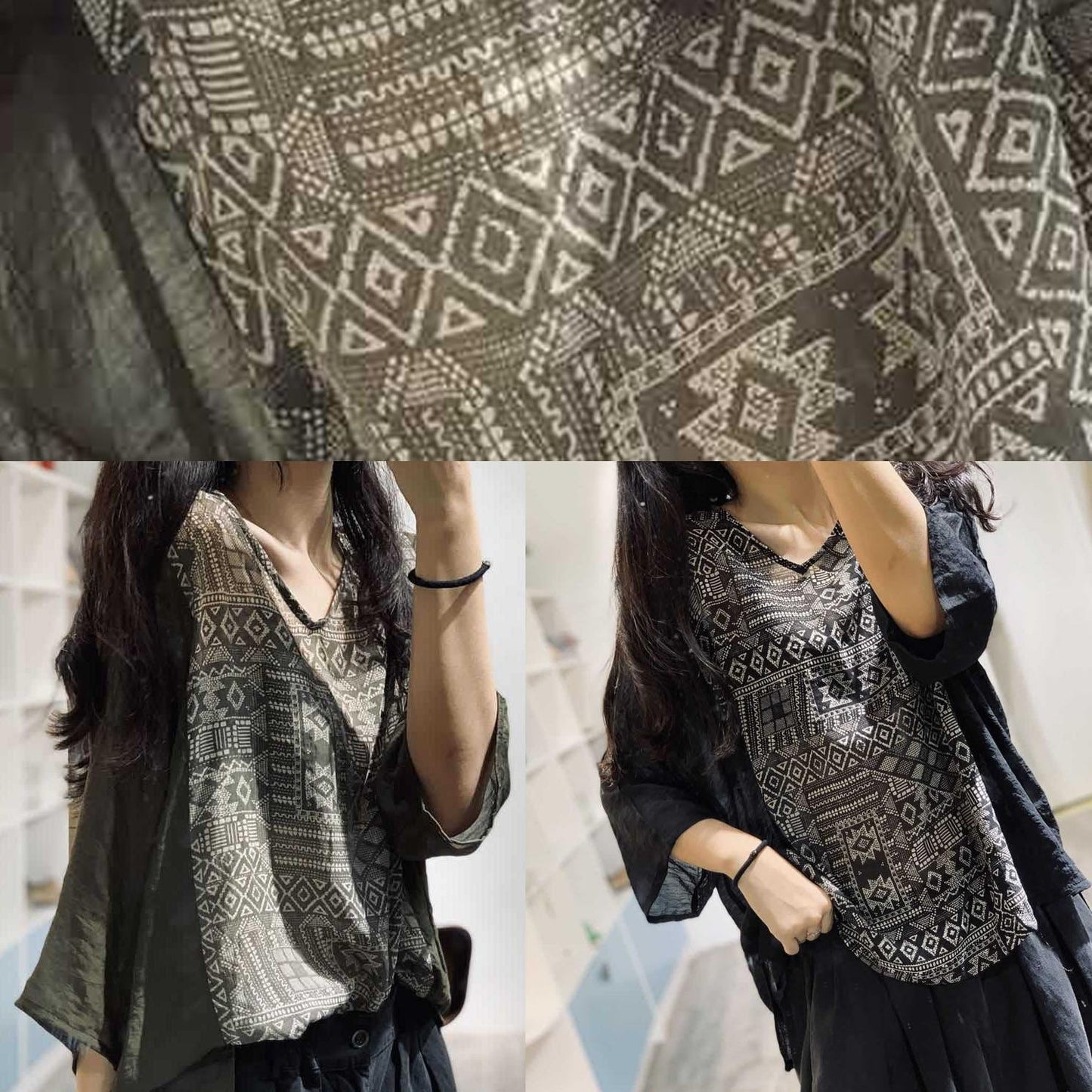 Women v neck cotton blouses for women Shirts black prints blouse fall