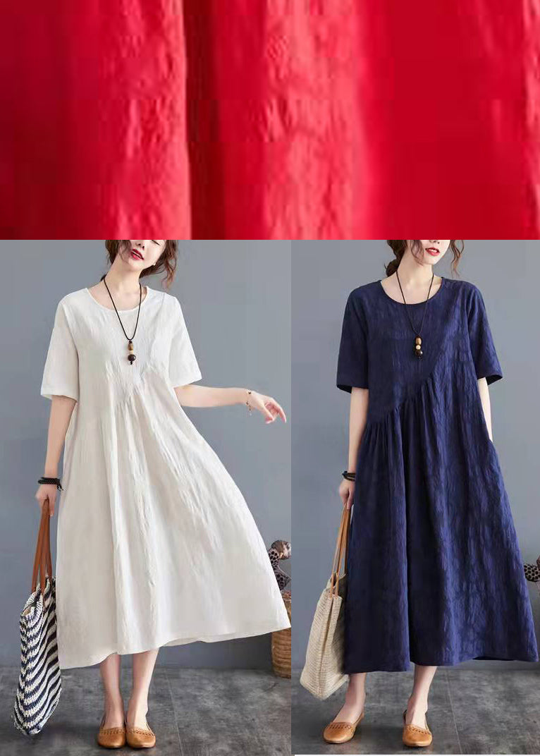 O Neck Cinched Cotton Linen Clothes Wardrobes Red Dress Summer