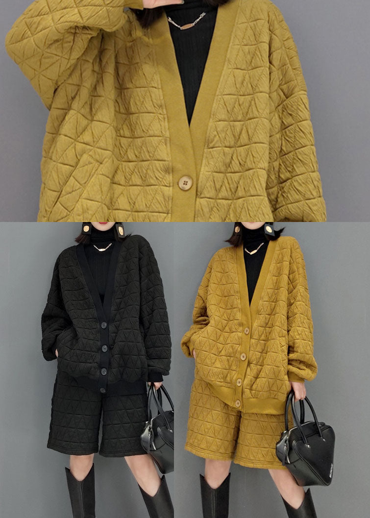 Yellow Fine Cotton Filled Loose Two Pieces Set Button Winter