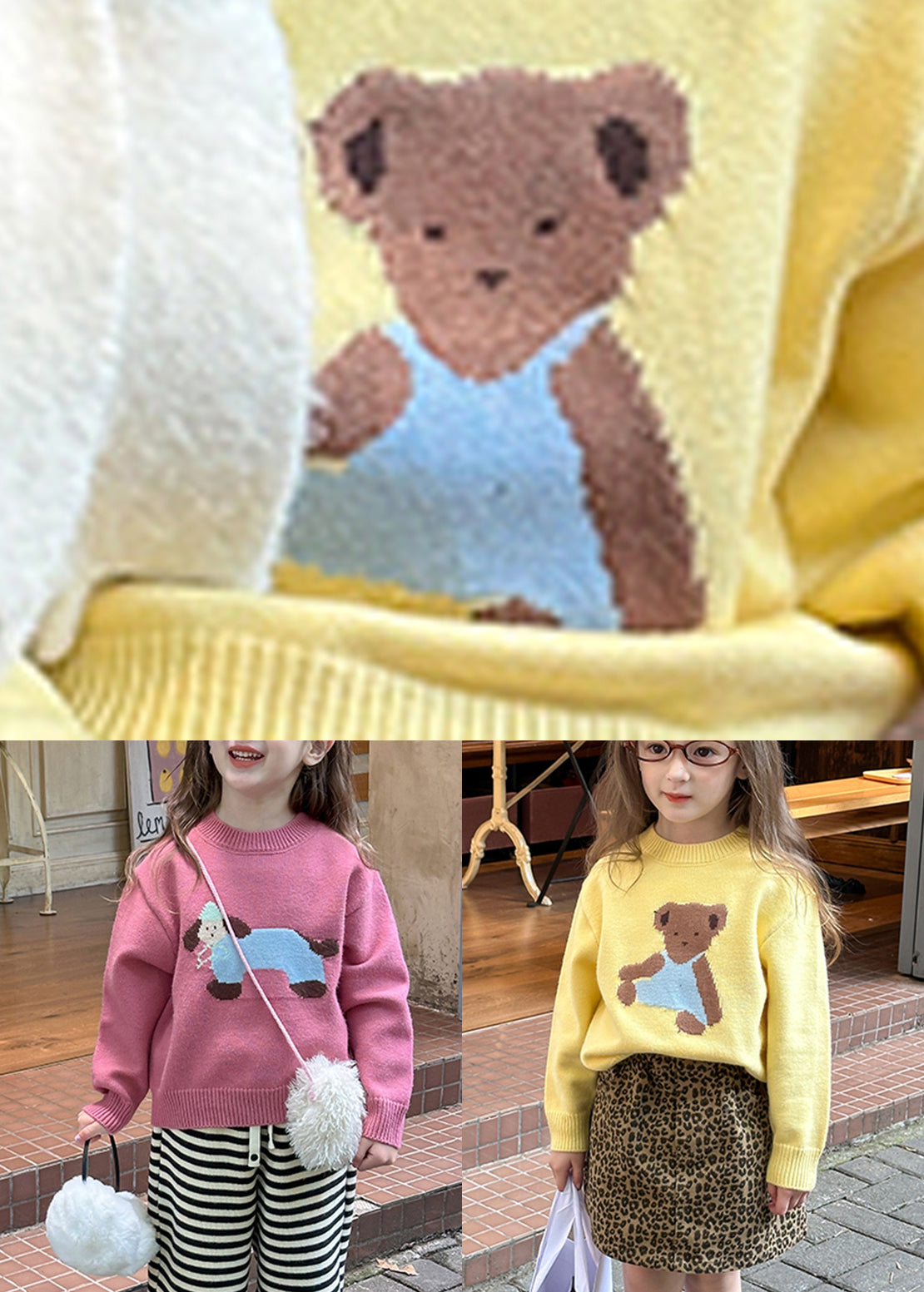Yellow O-neck Patchwork Cotton Knit Kids Sweater Spring