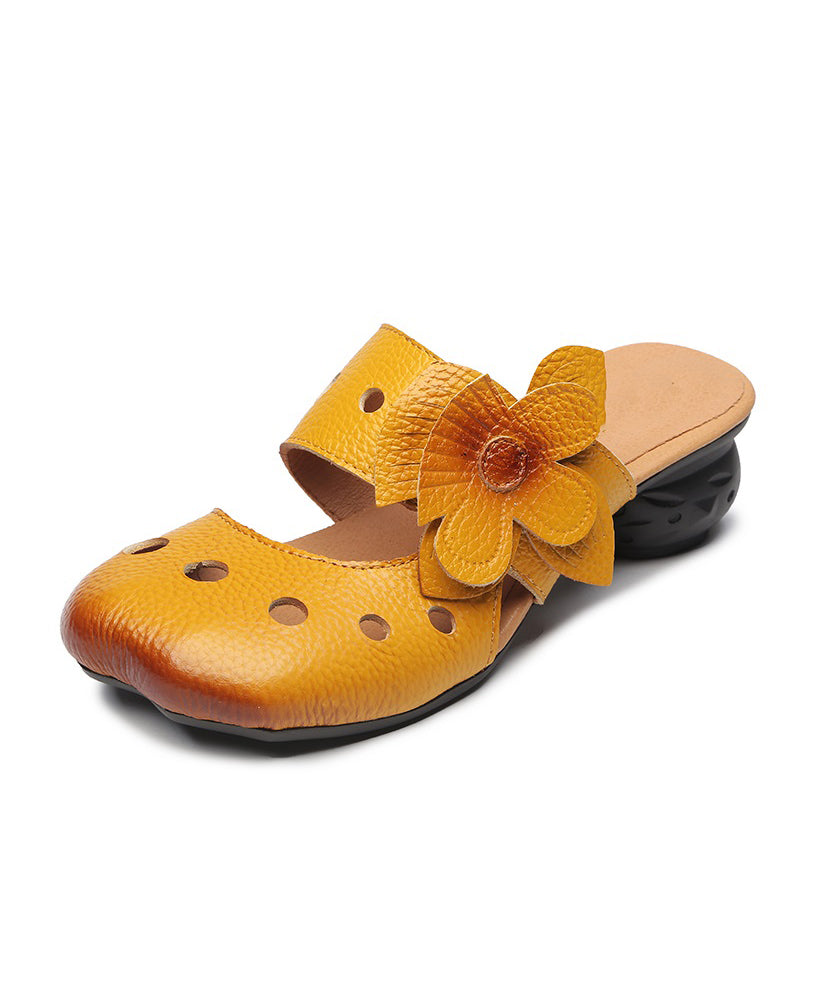 Yellow Splicing Cowhide Leather Chunky Slide Sandals