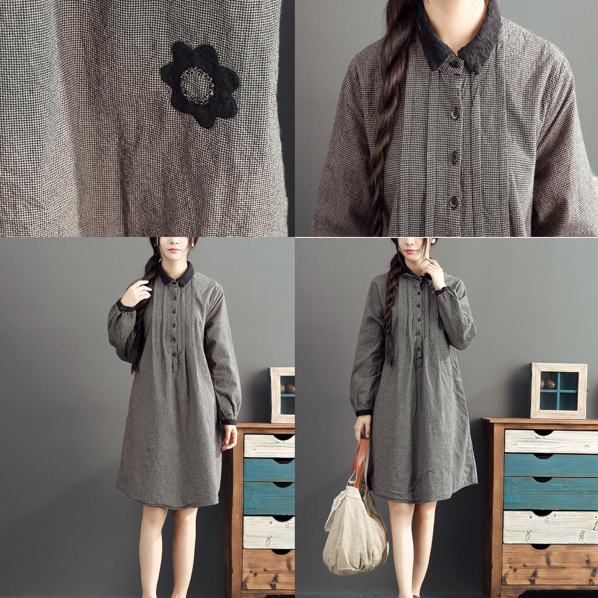Autumn Gray Grid Cotton Dresses Long Sleeve Lapel Thick Dress