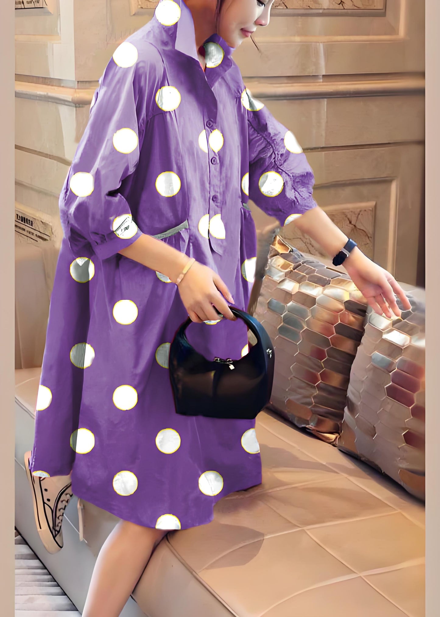 Red Stitching Pockets Button Fall Half Sleeve Shirt Dress