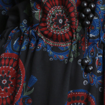 Baggy Black Print Natural Cotton Blended Dress Clothing O Neck Pockets Cotton Blended Gown Boutique Long Sleeve Tie Waist Autumn Dress