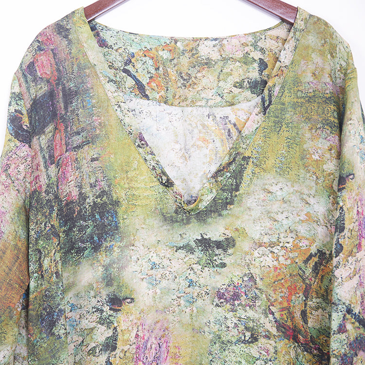 Baggy Green Linen Maxi Dress V Neck Gown Side Open Caftans
