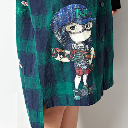 Baggy Loose Grid Cotton Cardigan Oversize Low High Hooded Coats Cartoon Prints