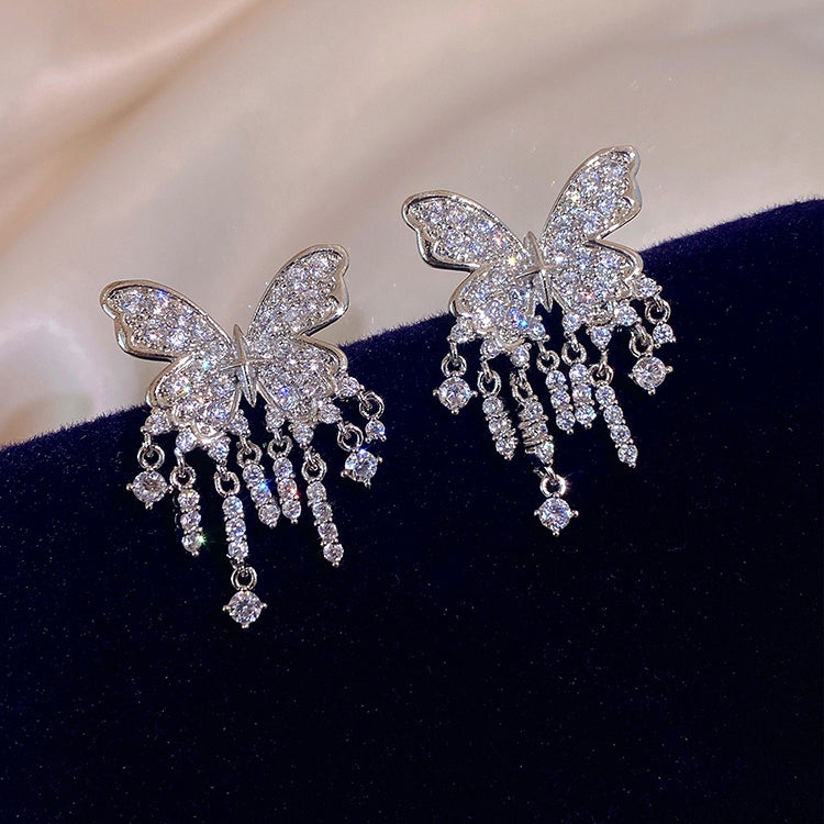 Diy Silk Sterling Silver Zircon Butterfly Tassel Drop Earrings