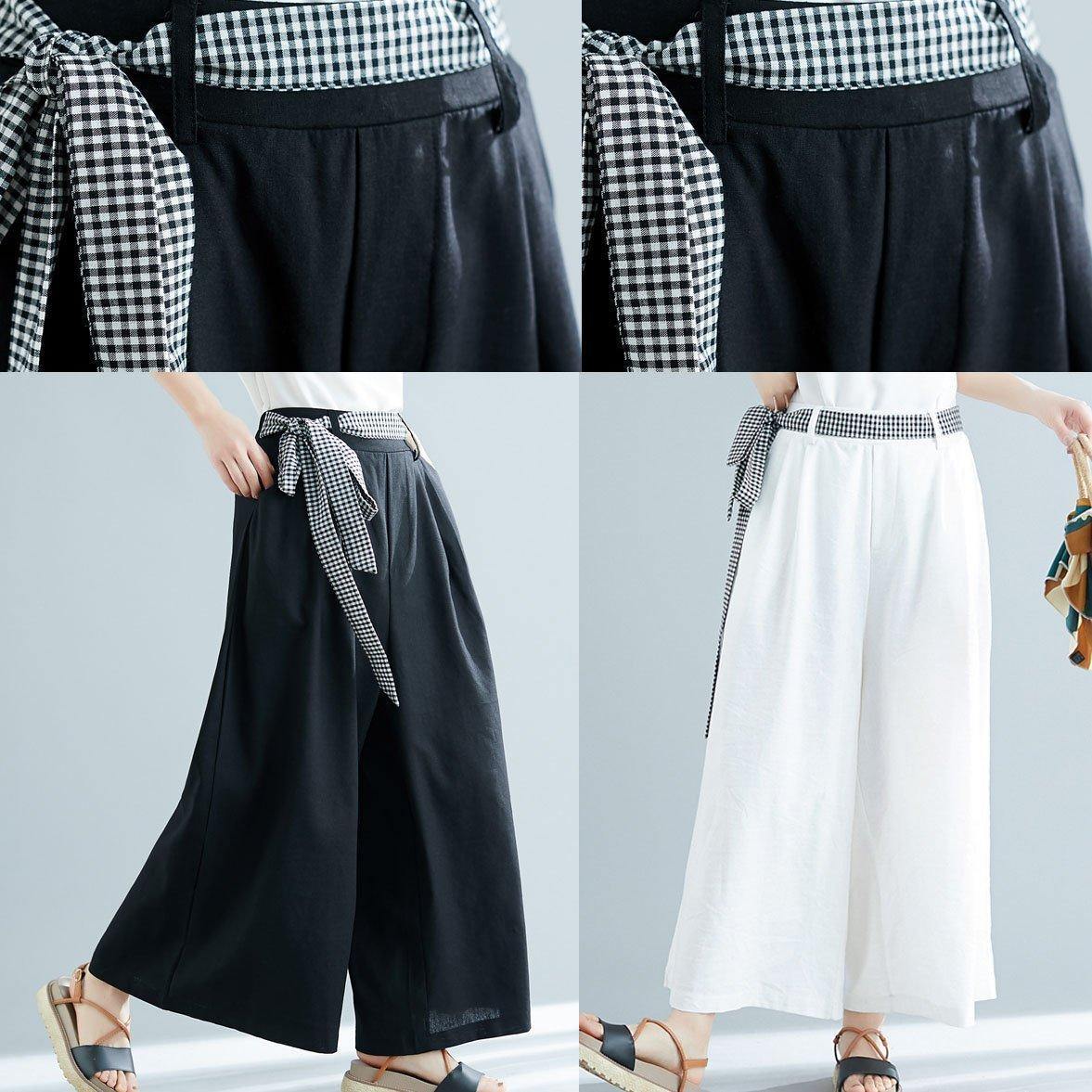 Black Cotton Blended Wide Leg Pants Tie Waist Trousers